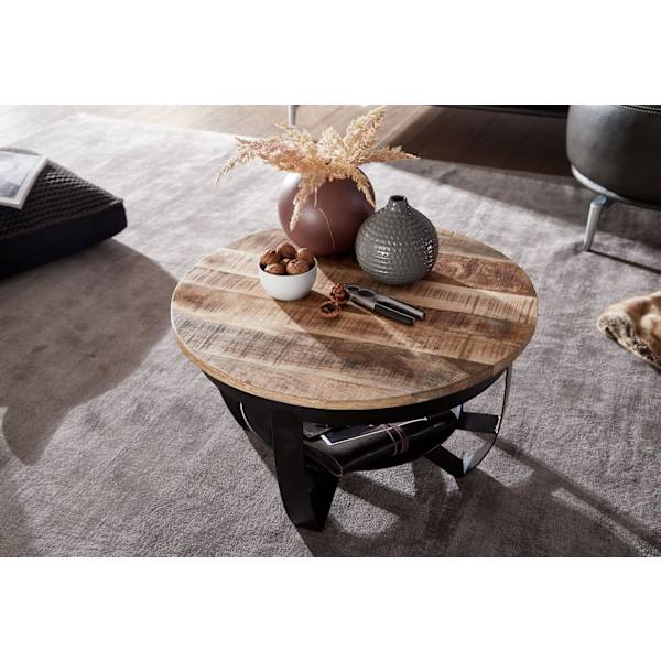 Rootz soffbord 60x34x60 cm Mango massivt trä - metall Industriell svart rund - Soffbord Vardagsbord massivt - Litet bord soffbord vardagsrum
