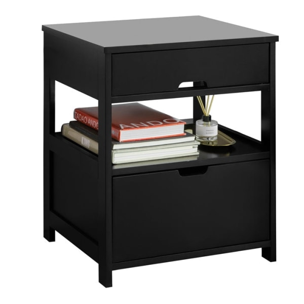 Rootz Modern Sängbord - Nattduksbord - Sidobord - Svart MDF - Stor förvaring med 2 hyllor och 2 lådor - Reptåliga golvskydd - Mångsidig för vardagsrum