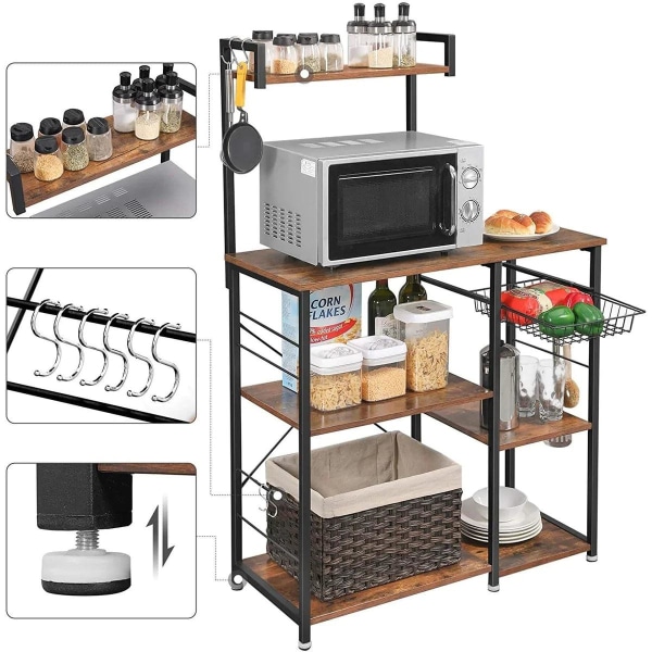Rootz Køkkenhylde med metalkurv - Bagerhylde med 6 S-kroge og hylder - Mikrobølgehylde - Krydderihylde - Stativ til gryder og pander, Industrielt desi