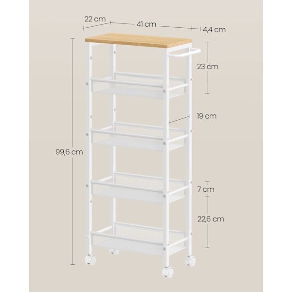 Rootz 5 Level Trolley - Rullvagn - Utility Cart - Spånskiva och stål - 22cm x 45,4cm x 99,6cm - Ek Vit - 4,5kg - 25kg Kapacitet