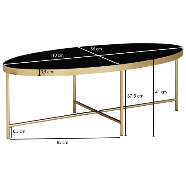 Rootz design sofabord glas sort - oval 110 x 56 cm med guldmetal