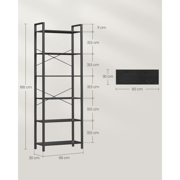 Rootz 6-vånings bokhylla - Ebenholtssvart - Bläcksvart - Spånskiva stål - Rymlig förvaring - Enkel montering - Modern design - 30 cm x 66 cm x 186 cm