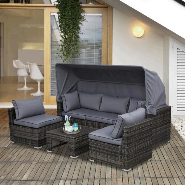 Rootz Garden Lounge Set - Rottinkinen loungesetti - Istuinryhmä aurinkokatoksen kanssa - Sivupöytä - Tyynyt - Harmaa - 215 x 75 x 64 cm