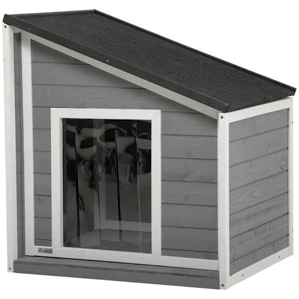 Rootz Dog Kennel - Massivt trä - Väderbeständig - Asfalttak - Grå + Vit - 71cm x 58cm x 77cm