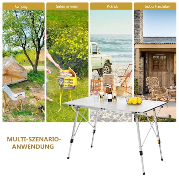 Rootz campingbord i aluminium - Bärbart fällbart bord - Justerbart utomhusbord - Robust, väderbeständig, lätt - 68,5 cm x 59-78,5 cm x 120 cm