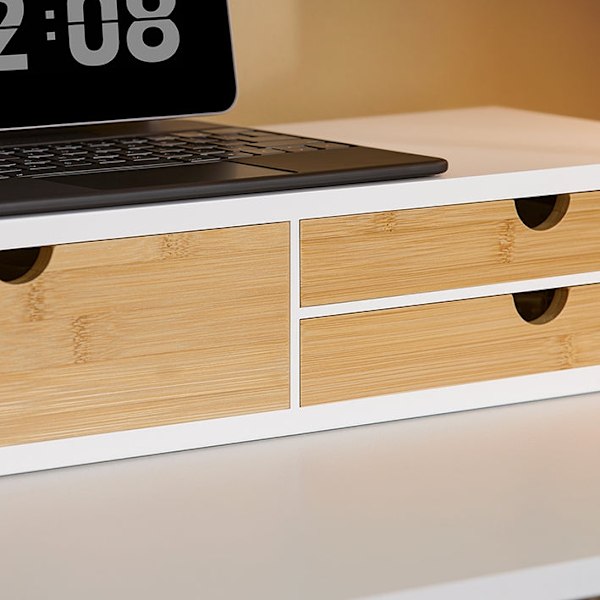 Rootz Monitor Stand Riser - Screen Elevation - Desk Organizer - Space Saving - 3 Drawers - MDF & Bamboo - 60x11x22CM
