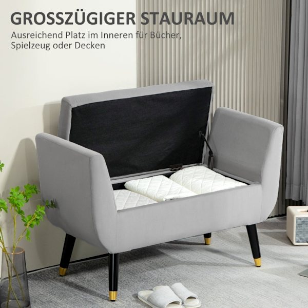 Rootz Vintage Glamour bænk - Design med knapper - Guldben - Opbevaringsplads - Lysegrå - 107 cm x 42 cm x 65 cm