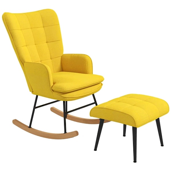 Rootz keinutuoli ottomaanilla - Scandi Design -keinutuoli Jalkarahalla - Pyökkipuu - Tikkaus - Pellavajäljitelmä - Keltainen - 64 cm x 89 cm x 90 cm