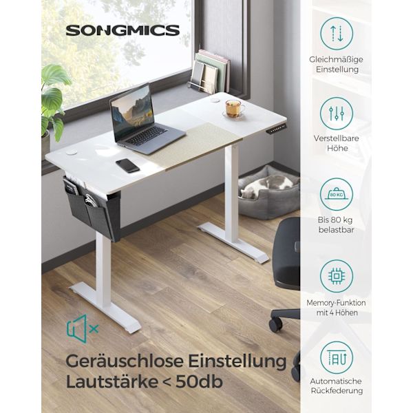 Rootz Electric Seisomapöytä - Valkoinen seisomapöytä - Säädettävä työpöytä - Lastulevyteräspöytä - 60cm x 140cm x (72-120)cm - Ylikuumenemissuoja - Ma