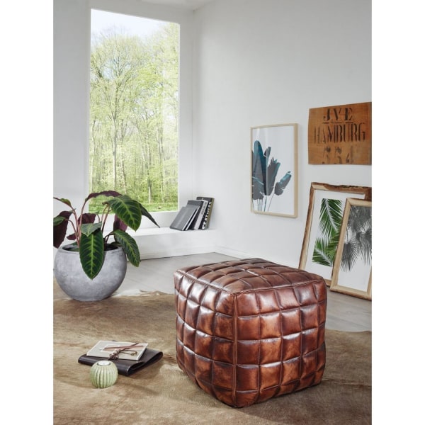 Rootz puf - terning - læder puf - brun - quiltet - læder - 41 x 39 x 39