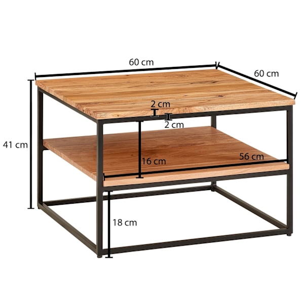 Rootz sofabord 60x60x41 cm massivt træ metal sofabord stuebord akacie - Industrielt værelsesbord med opbevaringsplads - Firkantet træbord, massivt sof