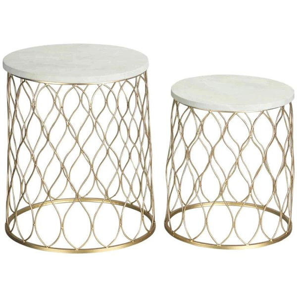 Rootz Terrassebord - Havebord - Sidebord - Sofabord - Marmor & Guldeffekt - Stål - Guld/Hvid - 41 x 46cm & 35 x 38,5cm