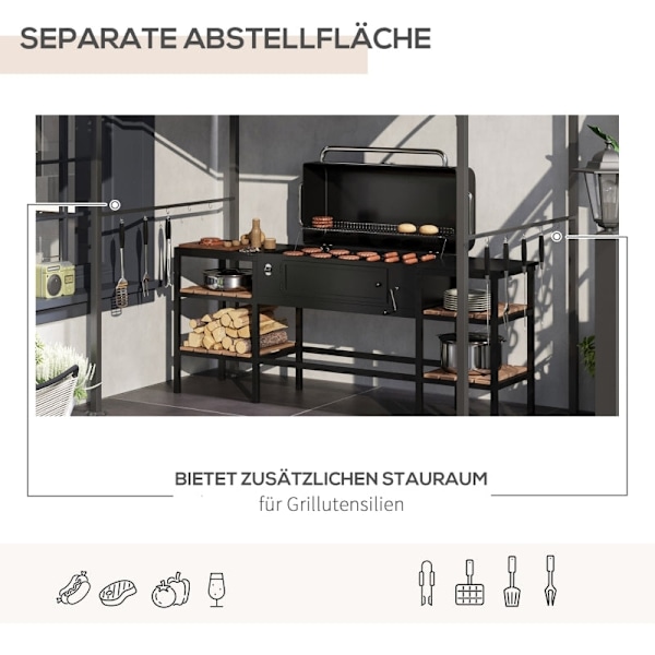 Rootz-grillihuvimaja - Grillikatos - BBQ-paviljonki - Tulenkestävä katto - Kestävä teräsrunko - Astiakoukut - 215cm x 150cm x 182/220cm