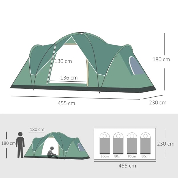 Rootz Campingtelt - Guy Ropes - Bæretaske - 5-6 personer - Familietelt - Lampekroge - Sidelommer - Polyester-Oxford - Grøn-Sort - 4,55 x 2,3 x 1,8m