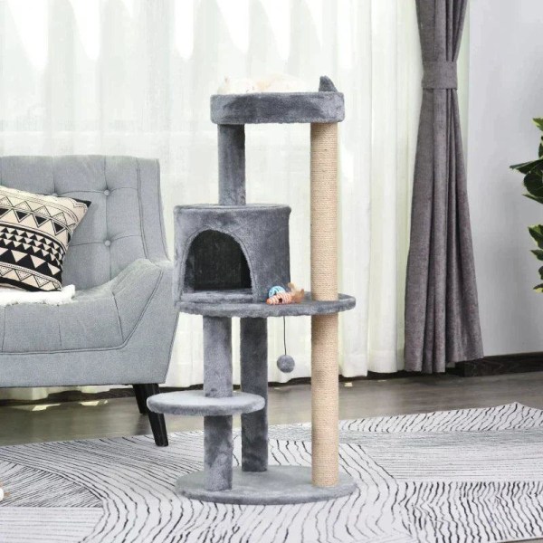 Rootz Cat Tree - Cat Activity Tree - Ridsestolper - Cat Cave - Cat House - Grå - 48x48x104 cm