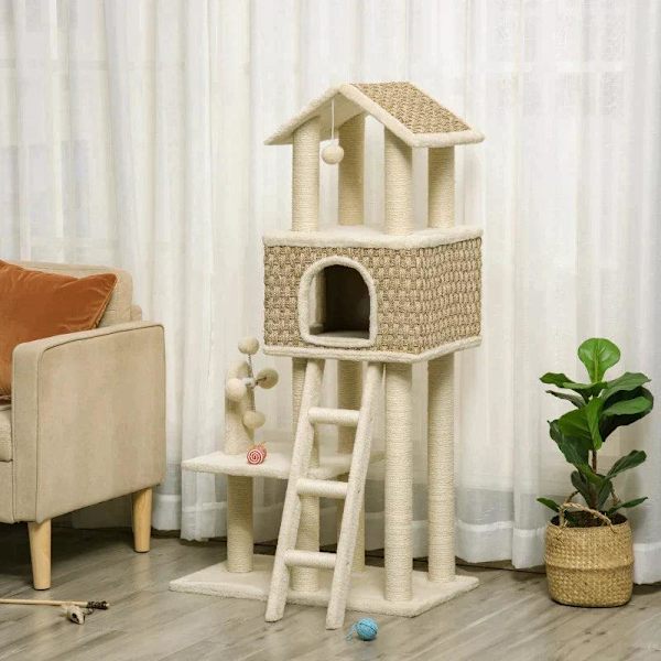 Rootz Skrapstolpe - Med kattgrotta - Katthus - Kattbur - Kattmöbler - Khaki/Beige/Kaffe - 69L x 40B x 131H cm