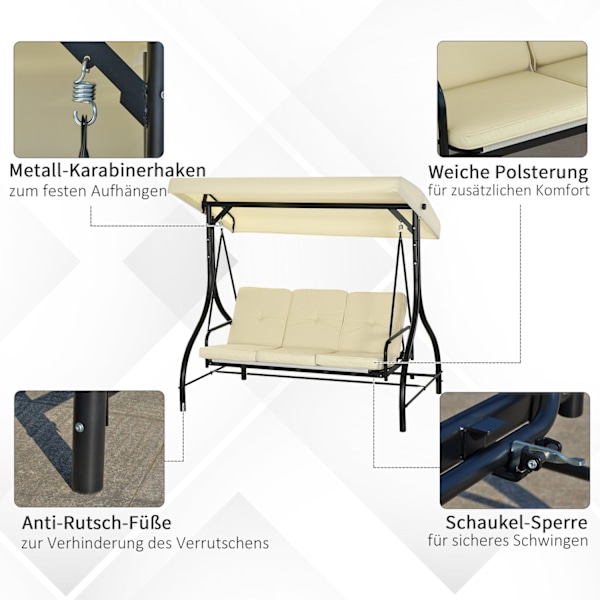 Rootz 3 Seat Swing Bench - Porch Swing - Garden Swing - Sun Protection - Konverterer dags seng - 195 cm x 117 cm x 175 cm
