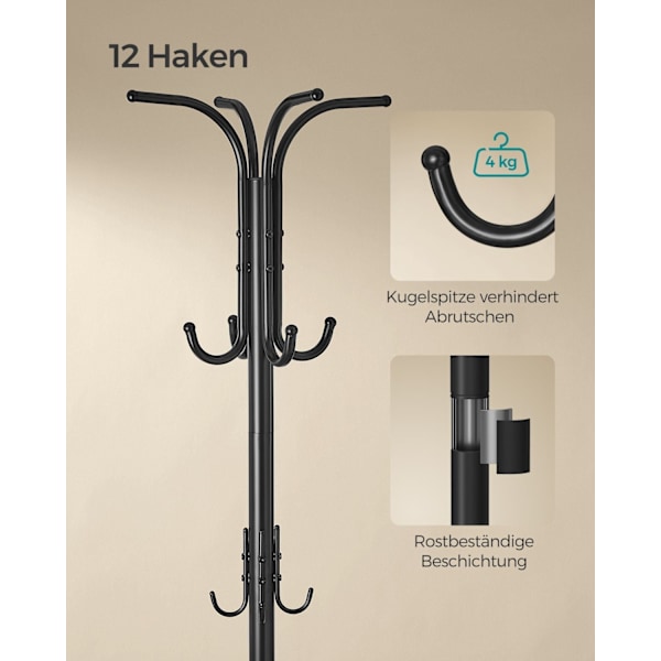 Rootz knagerække - Stående metalstativ - Entryway Organizer - 40 cm x 40 cm x 175 cm - Blæk sort - 4 kg belastningskapacitet - Opbevaring i gangen