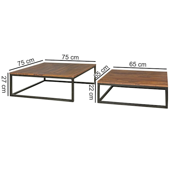 Rootz 2-teilig massivt træ 75 x 75 x 27 cm - Design stuebord Sheesham træ - Stue Loungebord Palisander massiv med metalben