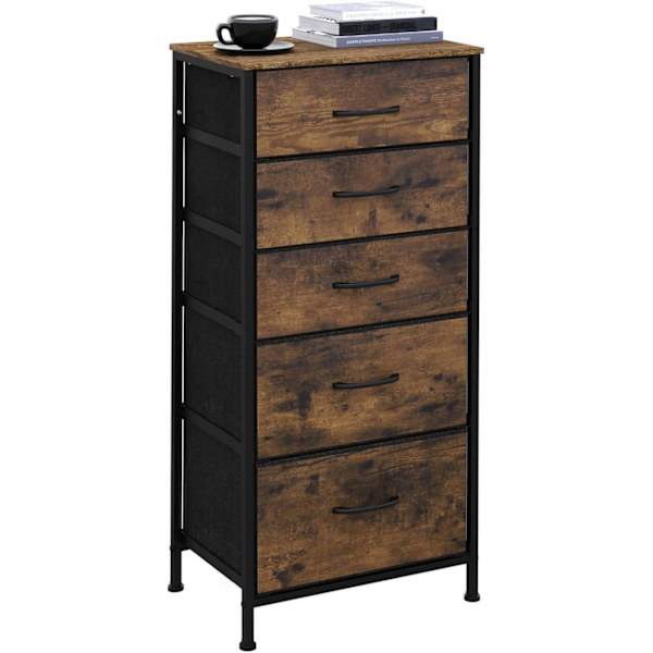 Rootz stofskuffekiste med vintage trælook - Kommode til soveværelset - Skænk med 5 skuffer - Organizer - 45,5 x 95,5 x 30 cm