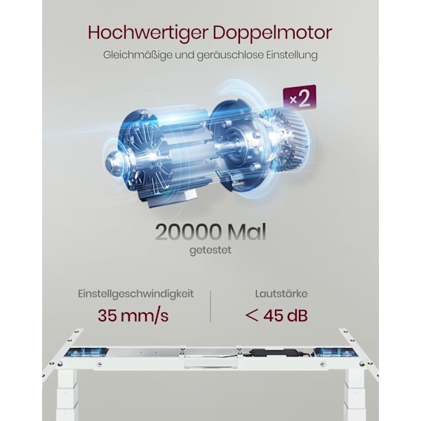 Rootz elektriskt stående skrivbord - Höjdjusterbart skrivbord - Sittstående skrivbord - Stålram - 68cm x (110-180cm) x (60-125cm) - Vit - 45dB - 35mm/