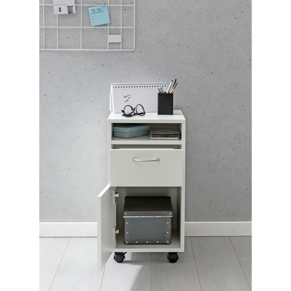 Rootz rullecontainer hvid 33x63x38 cm skrivebordsunderskab træ - Rullekommode Moderne - Kontorcontainerskuffeskab med låge - Lille skrivebordsskab med