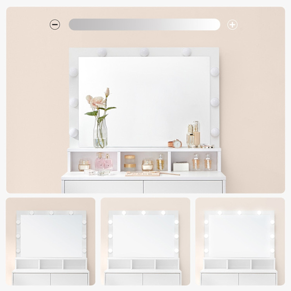 Rootz White Toiletbord - Sminkebord - Makeup Skrivebord - Spånplademateriale - Melaminbelægning - 80 cm x 40 cm x 140 cm - LED-pærer inkluderet - Anti