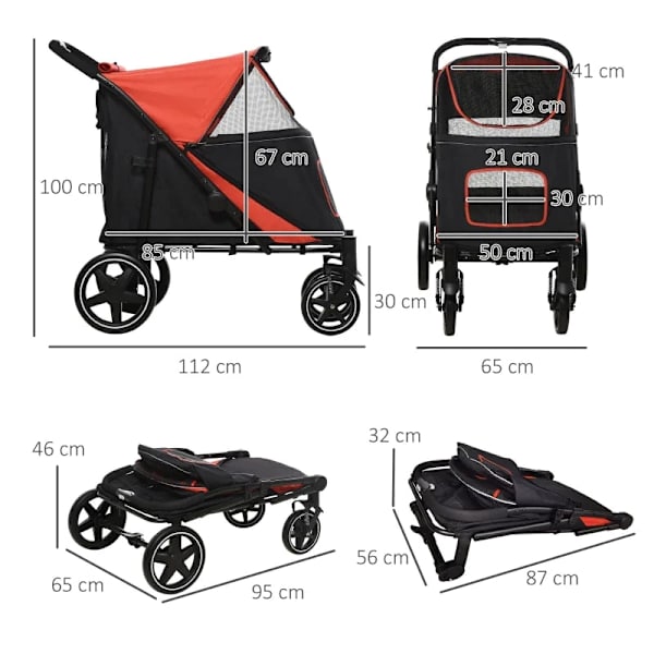 Rootz Folding Dog Trolley - One-click System - Resesaker - Vikbar - 2 säkerhetslinor - Stål+oxford tyg - Röd + Svart - 112L x 65W x 100H cm