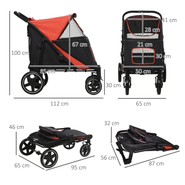 Rootz Folding Dog Trolley - One-click System - Travel Essentials - Foldbar - 2 sikkerhedsliner - Stål+oxford stof - Rød + Sort - 112L x 65W x 100H cm