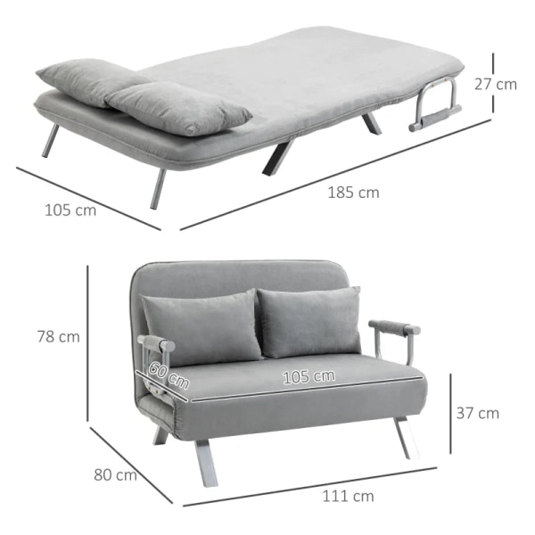 Rootz Bäddsoffa - Dubbelsoffa - Gästsäng - Stålram - Mjukt fodral i fuskmocka - Inklusive 2 kuddar - Sammetspolyester - Grå - 105W x 60D x 37H cm