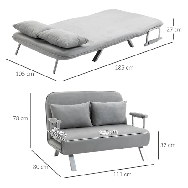 Rootz Sovesofa - Dobbeltsofa - Gæsteseng - Stålramme - Blødt imiteret ruskindsbetræk - Inklusiv 2 puder - Fløjlspolyester - Grå - 105W x 60D x 37H cm