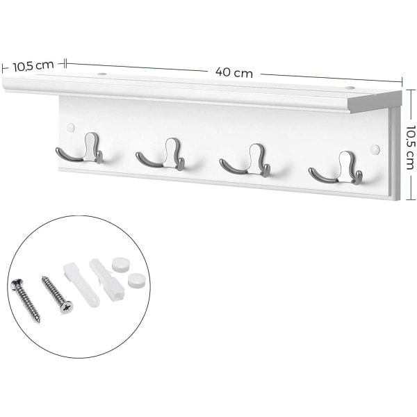 Rootz vægknagerække - Garderobe - 4 dobbeltkroge - væg knagerække - MDF - Hvid - 40 x 10,5 x 10,5 cm