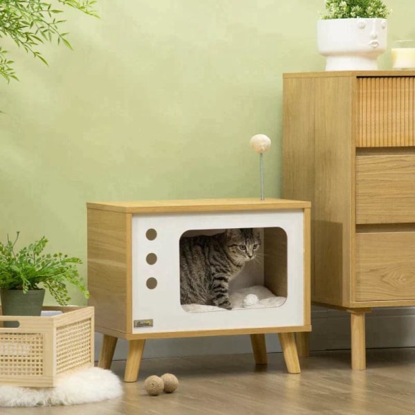 Rootz Cat House - TV Design Cat Cave Sisältää lelun - Pestävän tyynyn - Tammi + beige + valkoinen - 50cm x 28cm x 43cm