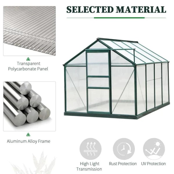 Rootz Greenhouse - Klart växthus av polykarbonat - Stort ingångshus för grönt hus - Aluminiumlegering/PC-skiva - Grön/Transparent - 190L x 252W x 201H