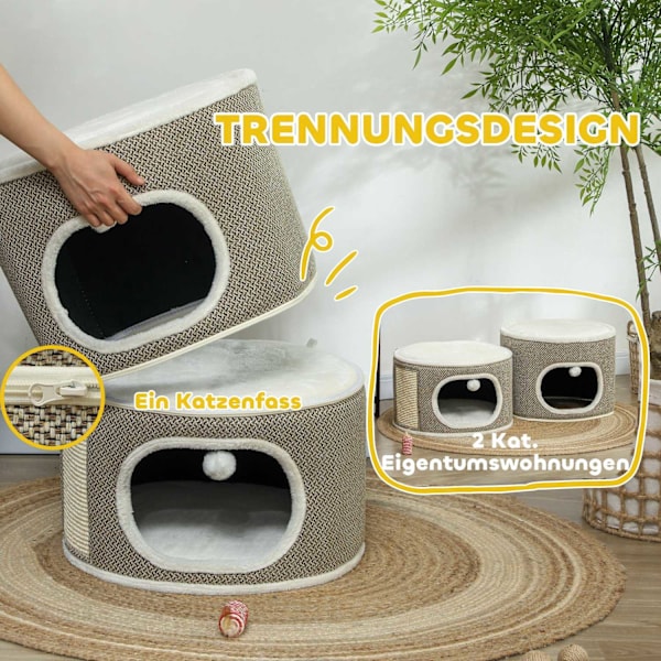 Rootz 3 Tier Cat Barrel With Cushion - Cat House - Cat Tower - Förbättra komforten - Ø51cm x 69 cm, brunvit