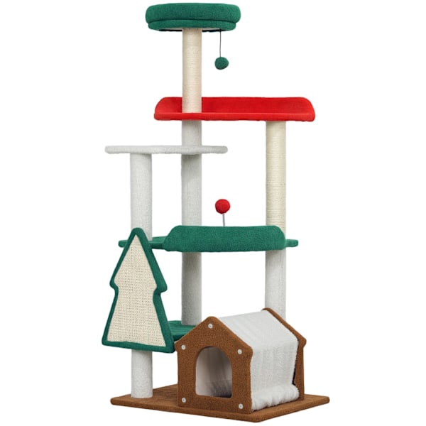 Rootz 135 cm Cat Scratching Post - Christmas Cat Tree - Play Tower - 6 niveauer af sjov - 60L x 45W x 135H cm