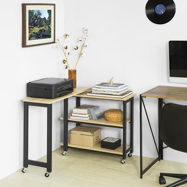 Rootz L-formet sidebord - Sofabord - Hjørneskrivebord - Industrielt design - Fleksibel og mobil med låsbare hjul - Metalstel af høj kvalitet - Robust