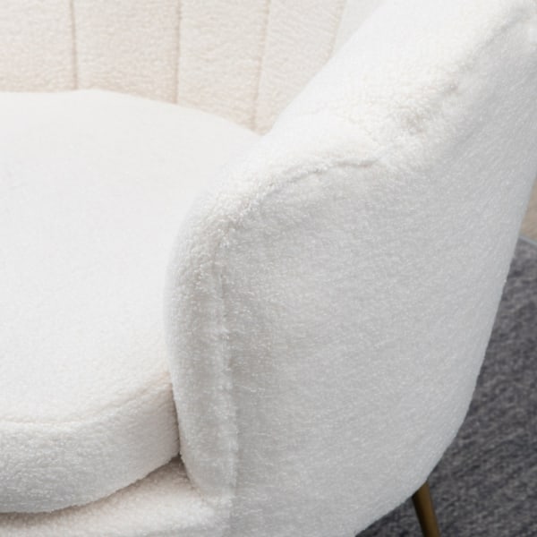 Rootz Shell -formad klädd stol - Relaxationsstol - Comfy fåtölj - Guldmetallben - Elegant & mysig - 79L x 77W x 77H cm - vitt tyg
