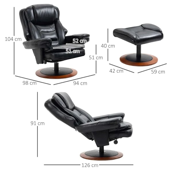Rootz Relax Chair med Ottoman - Hvilestol - 360° roterende - Justerbart ryglæn - Sort + Brun - 94Lx98Wx104Hcm