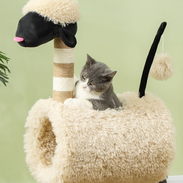 Rootz Cat Tree Kradsestolpe - Sort Nosed Sheep Design - Tunneler og legebolde - Nem montering - Spånplade og plys - 48cm x 34cm x 98cm