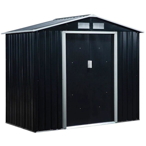 Rootz Trädgårdsbod - Redskapsskjul - Förvaringsskjul i metall med skjutdörrar - Utomhusförrådsbod med fundamentventilation - Kolgrå - 2,13 x 1,30 x 1,