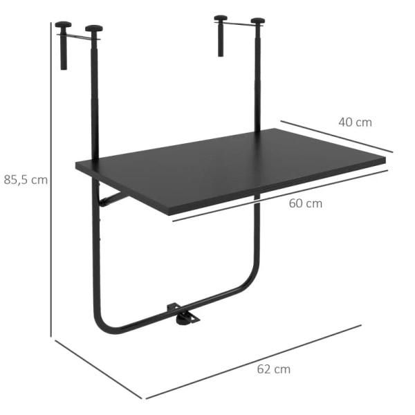 Rootz Havebord - Balkonbord - Til rækværk 6-15cm tykt - Justerbar - Sammenfoldelig - Rustfast metal - Sort - 62x60x85,5cm