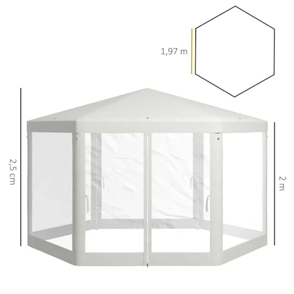 Rootz Gazebo - Puutarhapaviljonki - Kuusikulmainen - Maapiikit - Verkkoverhot - Metallirunko - Polyesteri - Metalli - Kermanvärinen - 394L x 394L x 25