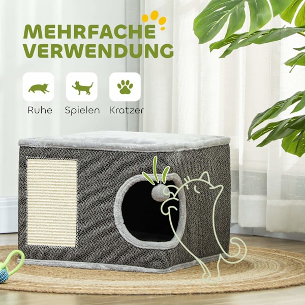 Rootz Cat House med kuddar - kattbädd - kattgrotta - sisal matta - 45x45x35 cm - plysch komfort för katter upp till 6 kg - leksakskulan ingår