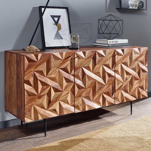 Rootz skænk 144x72x47 cm massivt sheesham træ - metal skænk - kommode med tre låger - Kommode skab træ moderne - Stå skab stue