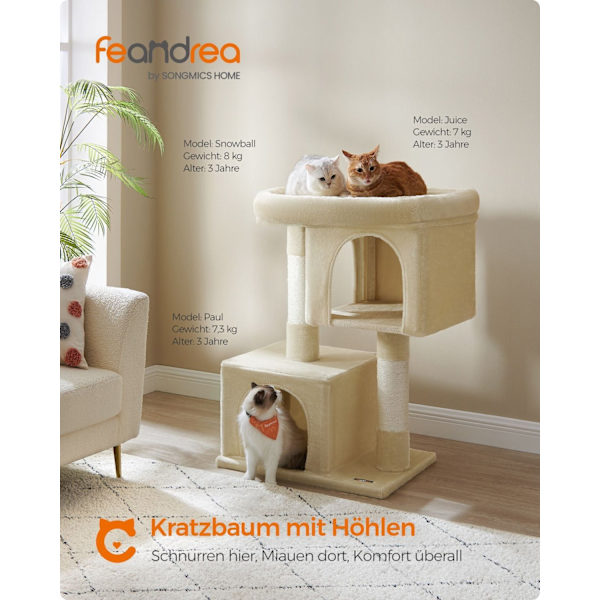 Rootz Cat -raapimistolppa - Beige - Lastulevy Pehmo - Sisalköysi - Suuri 68 cm x 48 cm x 101 cm - Tukeva - 14,3 kg - 3 lelua - Kaatumisenesto - Helppo