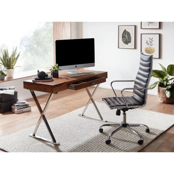 Rootz työpöytä 120x55x78 cm massiivi sheesham-puuta - metallikromi - Design-toimistopöytä laatikolla - HomeOffice kannettava tietokonepöytä, jossa säi