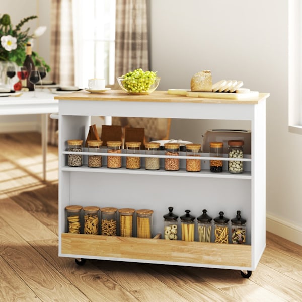 Rootz -rullattava keittiövaunu - Mobile Kitchen Island - Keittiön kärry - runsaasti säilytystilaa ja helppoa liikkuvuutta - 107cm x 50 cm x 85cm