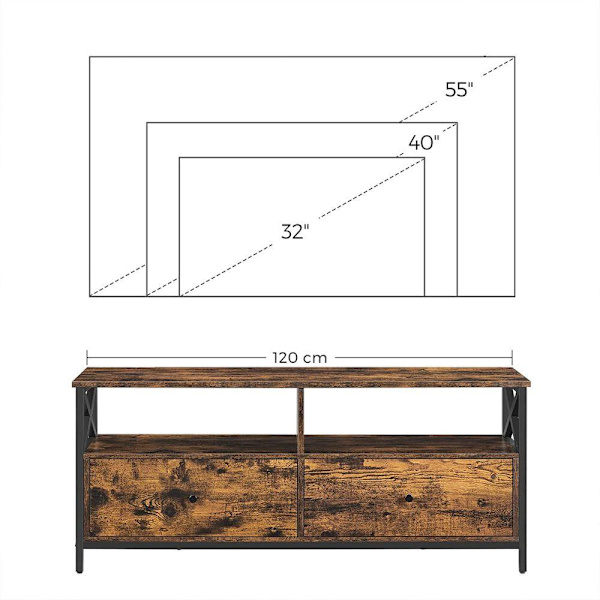 Rootz TV-teline - Mediakonsoli - Moderni TV-taso - Kulma-TV-teline - TV-pöytä - Lastulevy/teräs - Vintage ruskea-musta - 120 x 40 x 50 cm