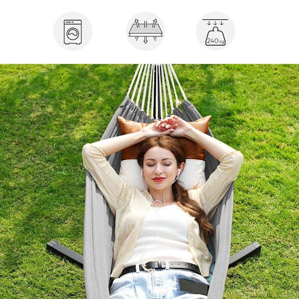 Rootz Hammock Jalusta - Riippumatto jalustalla - Korkeussäädettävä riippumatto - Riippukeinu - Musta runko/harmaa riippumatto - 300 x 90 x 95 cm